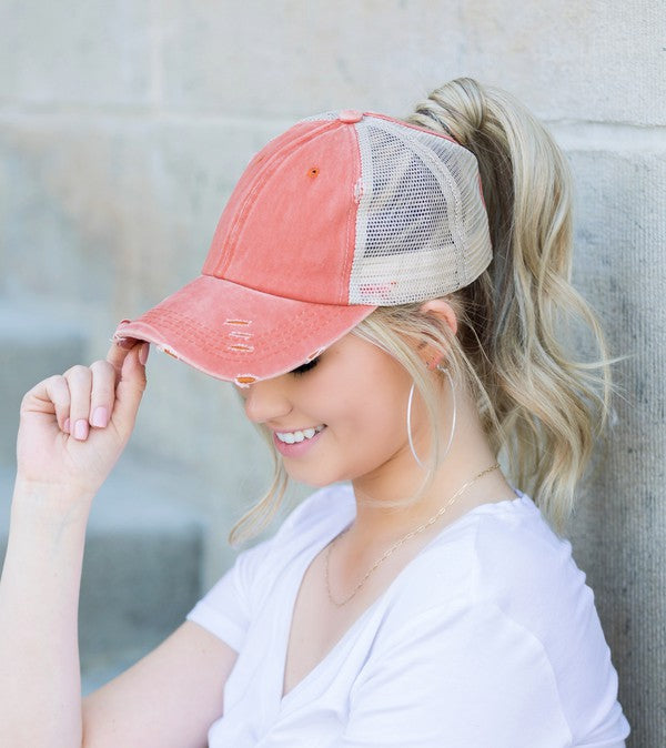 Distressed Messy Bun Hat Cap