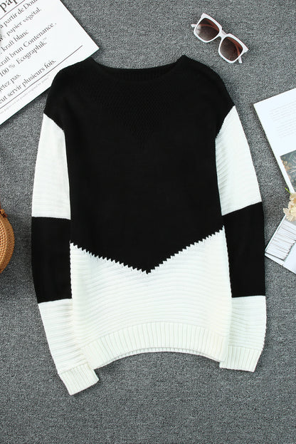 Black Two-Tone Chevron Pullover Sweater