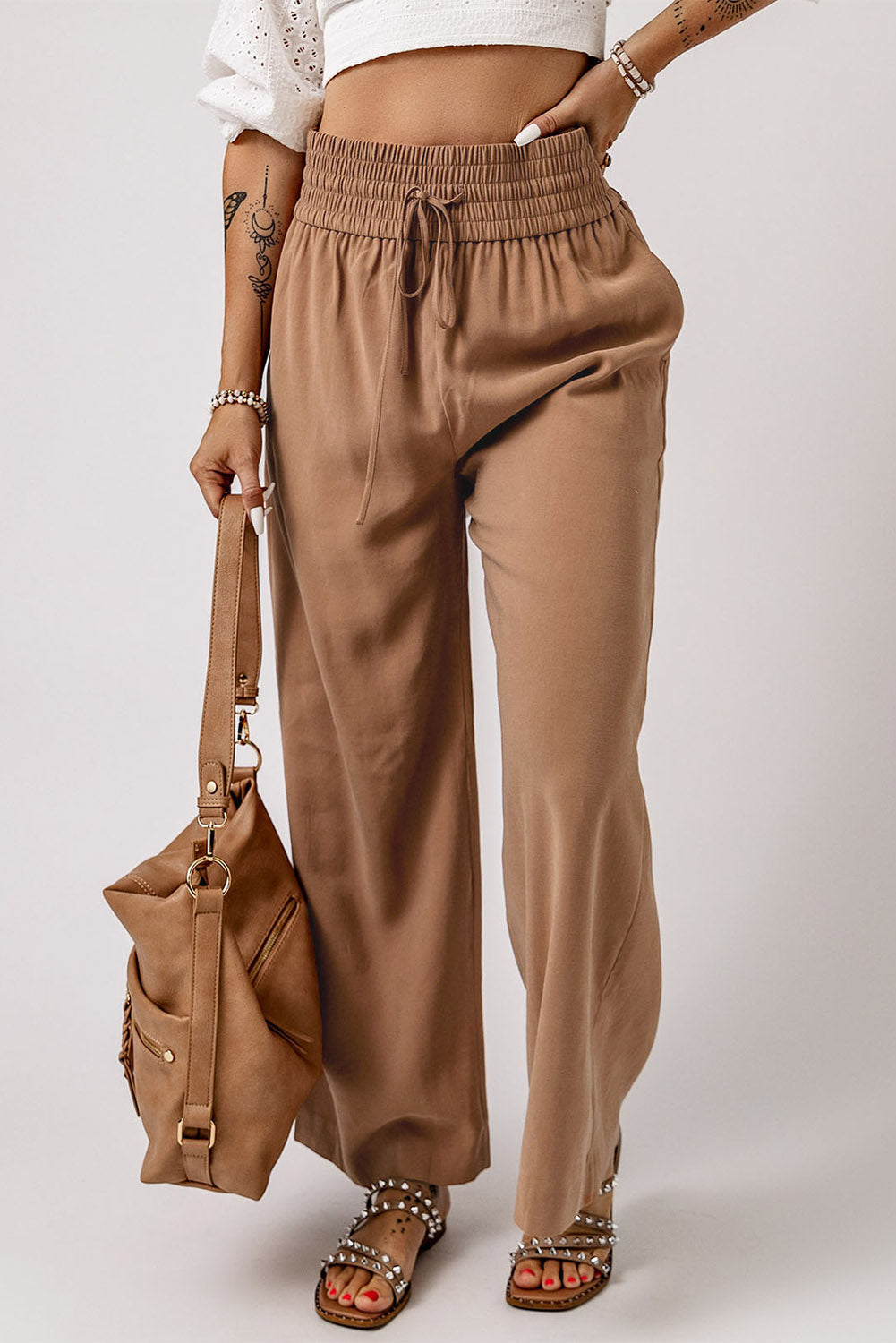 Blue Drawstring Elastic Waist Casual Wide Leg Pants