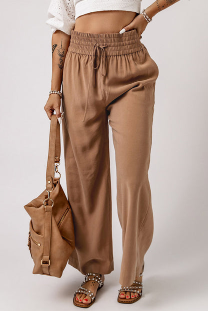 Blue Drawstring Elastic Waist Casual Wide Leg Pants