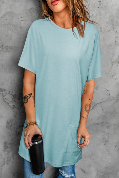 Rose Side Pockets Short Sleeve Tunic Top