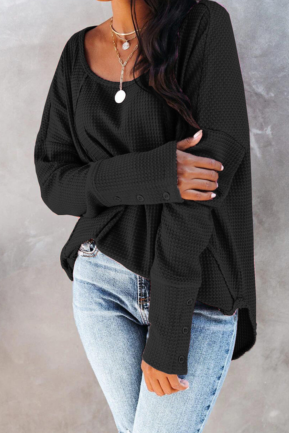 Green Waffle Knit Splicing Buttons Long Sleeve Top