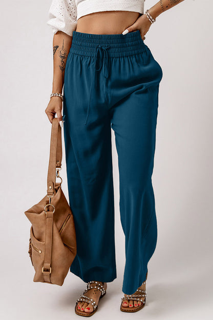 Brown Drawstring Elastic Waist Casual Wide Leg Pants