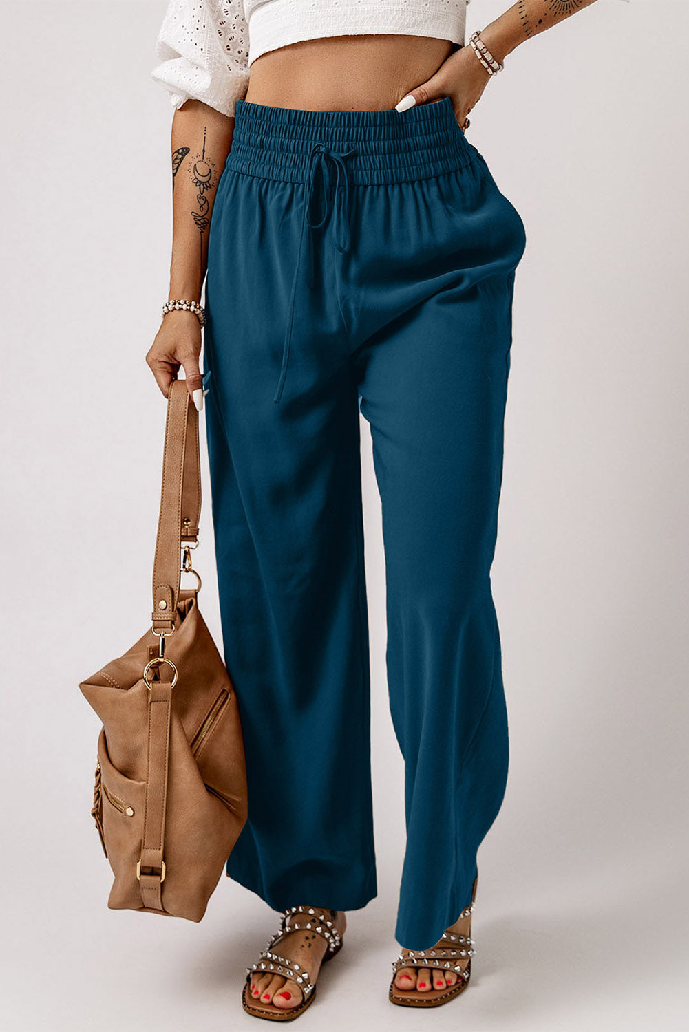 Black Drawstring Elastic Waist Casual Wide Leg Pants