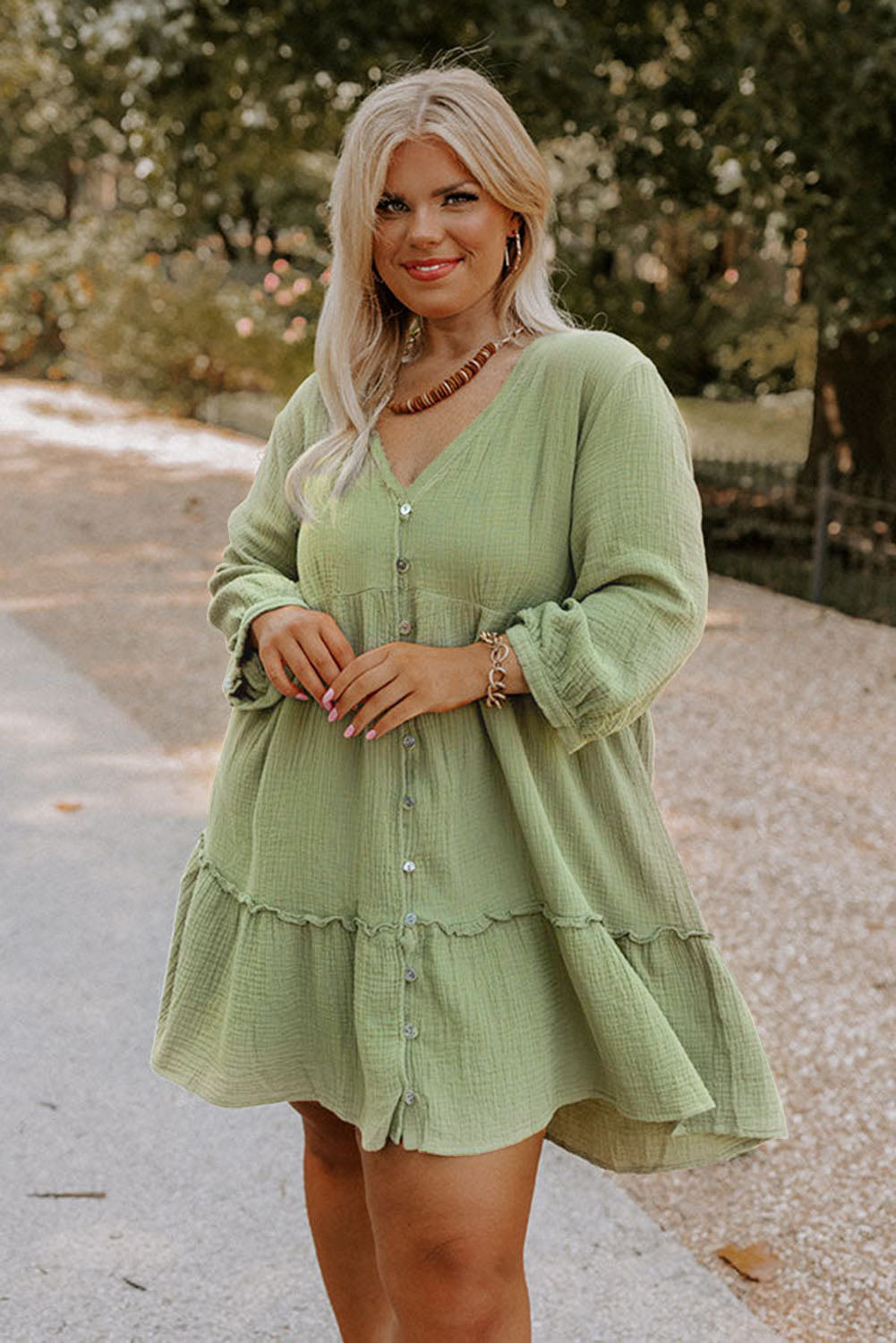 Green Textured Ruffled Buttoned V Neck Plus Size Mini Dress