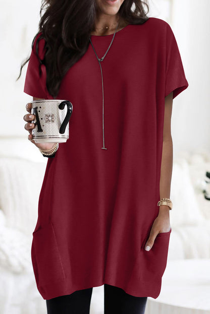 Rose Side Pockets Short Sleeve Tunic Top