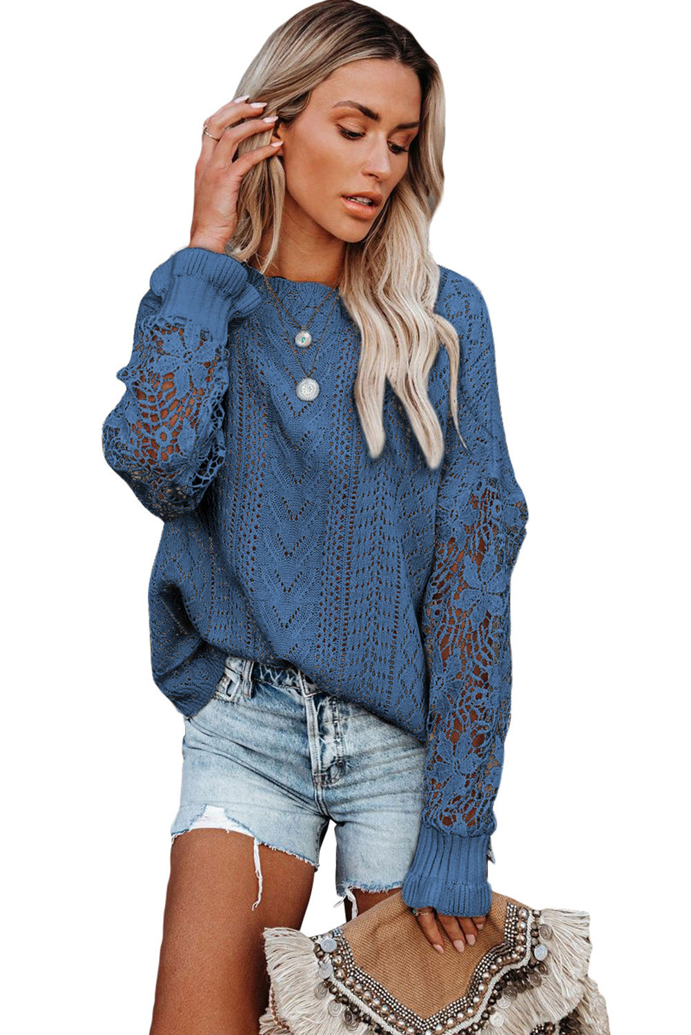 Apricot Crochet Lace Pointelle Knit Sweater