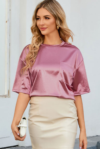 Apricot Glitter Chest Pocket Round Neck Long Sleeve Top