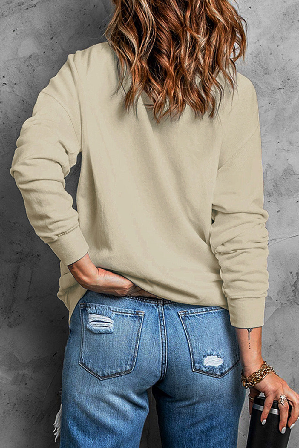 Beige Plain Crew Neck Pullover Sweatshirt