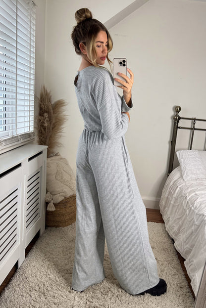 Gray Ribbed Knit Belted Wide Leg Jumpsuit