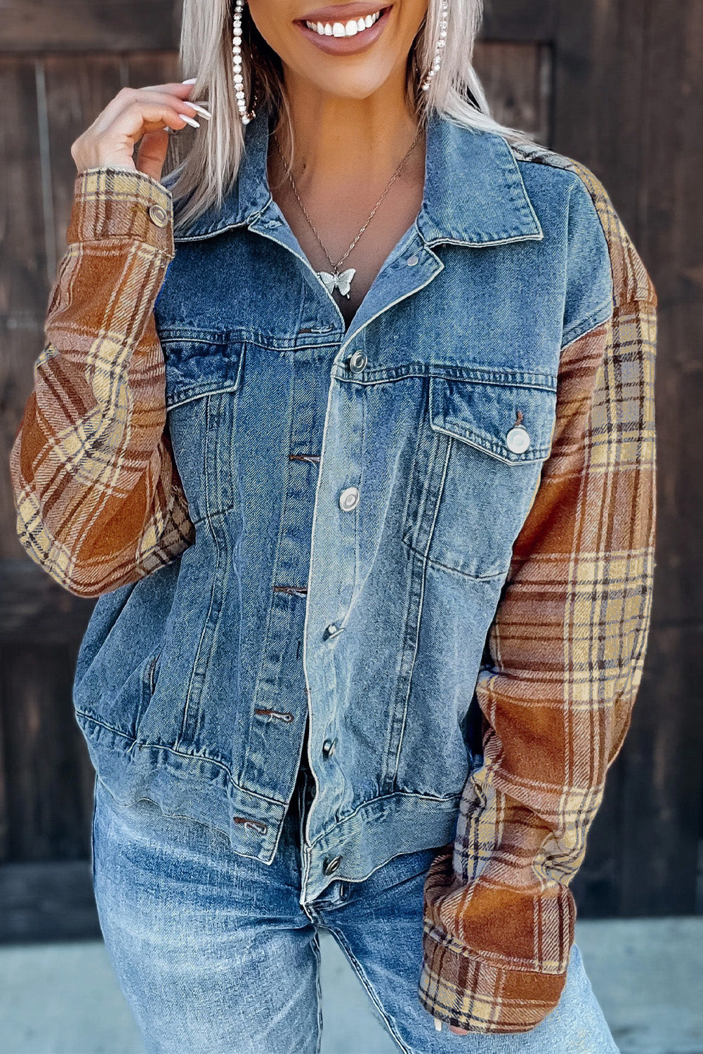 Sky Blue Medium Wash Plaid Sleeves Denim Jacket