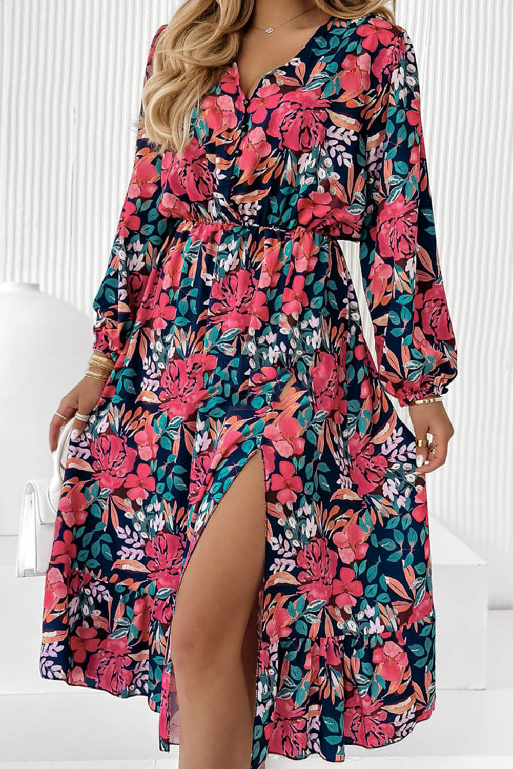 Red V Neck Elastic High Waist Split Floral Dress