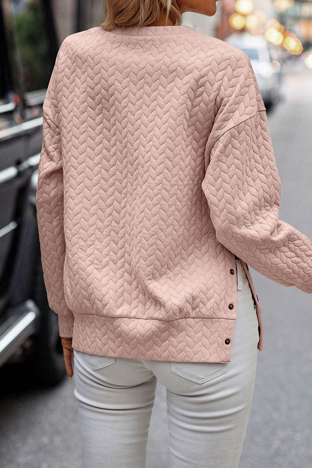 Pale Chestnut Side Buttons Cable Textured Sweatshirt