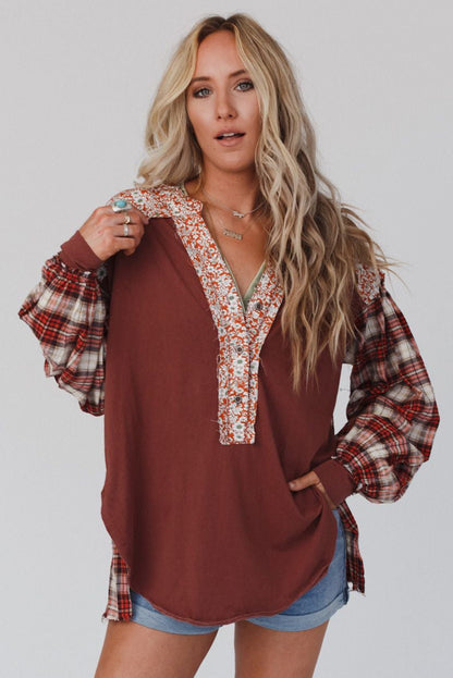 Red Floral Plaid Mixed Print Bishop Sleeve Patchwork Top