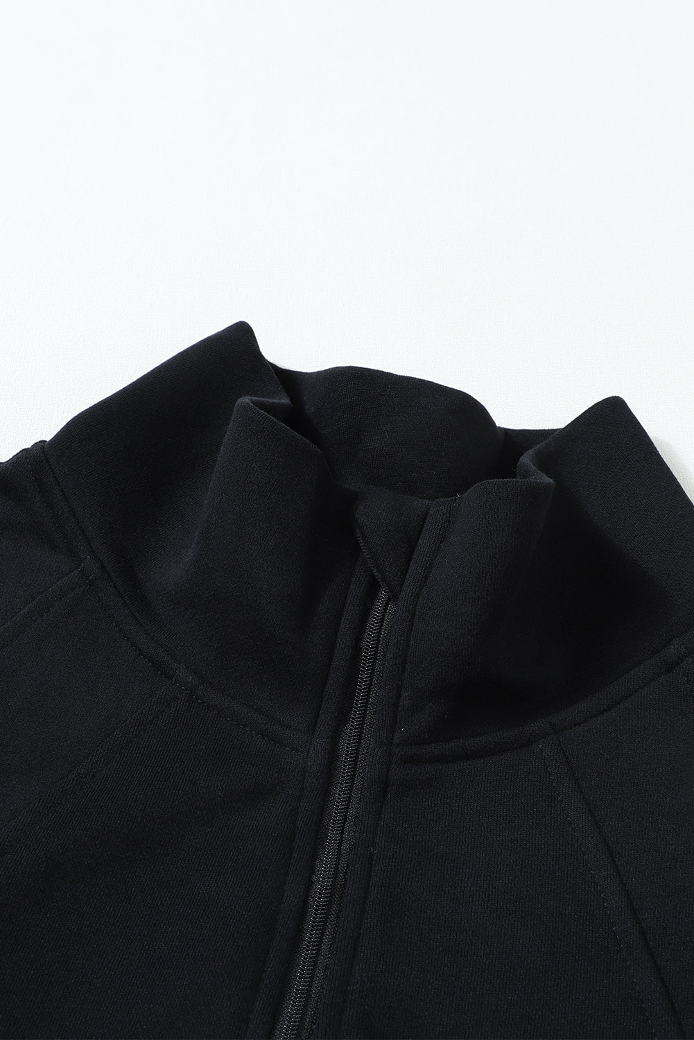 Black Zip Up Stand Collar Ribbed Thumbhole Sleeve Sweatshirt