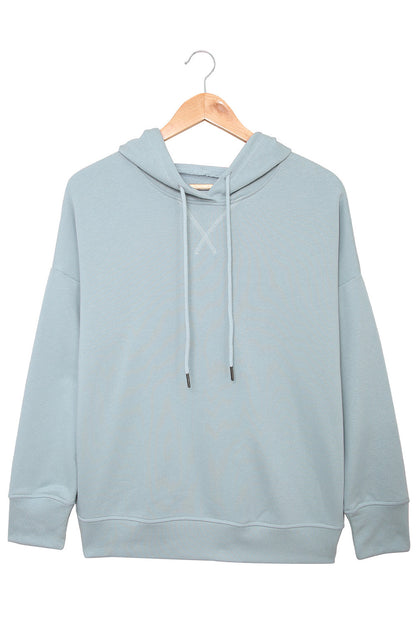 Sky Blue Drop Shoulder Slit Hem Casual Hoodie