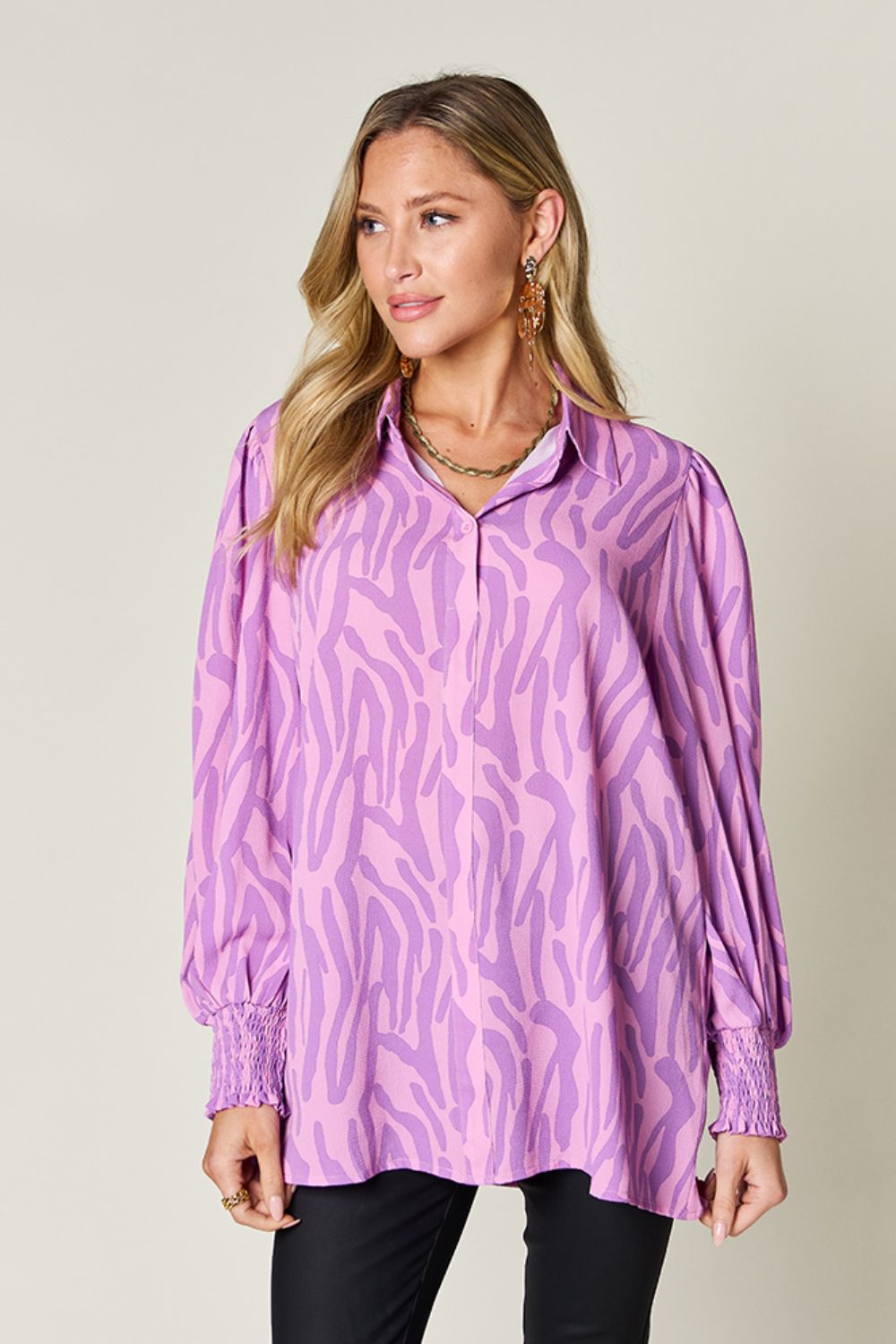 Double Take Full Size Printed Smocked Long Sleeve Blouse