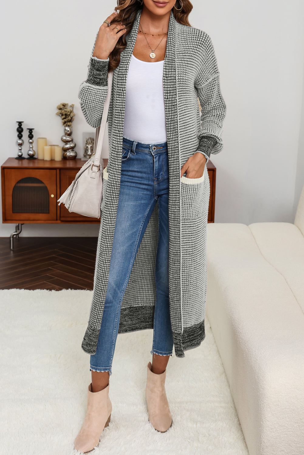 Rose Plaid Knitted Long Open Front Cardigan