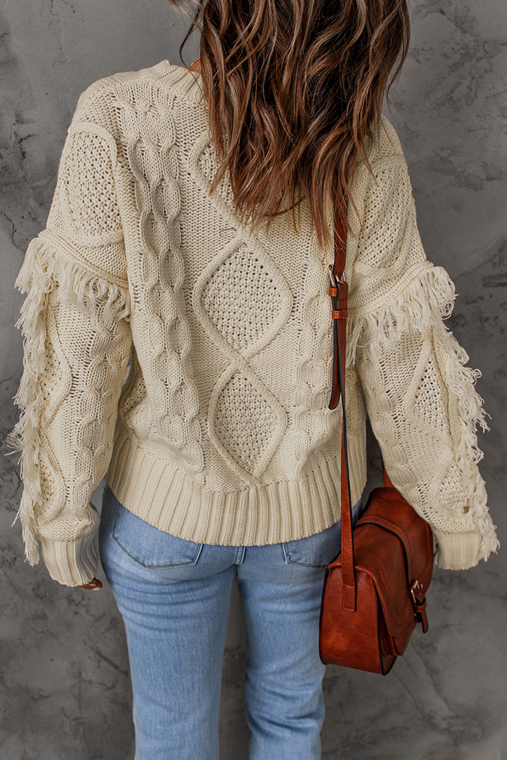 Apricot Cable Knit Fringe Trim Sweater