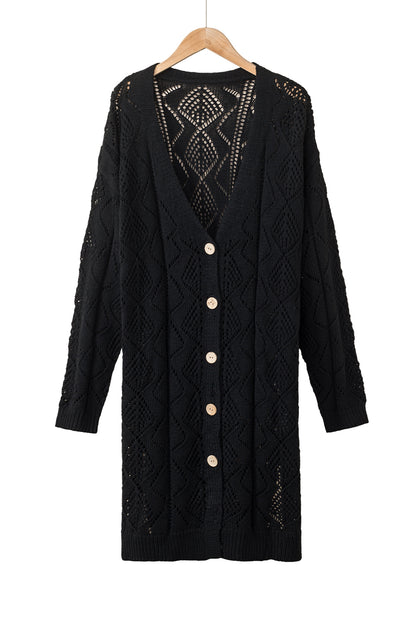 Khaki Hollow-out Openwork Knit Cardigan