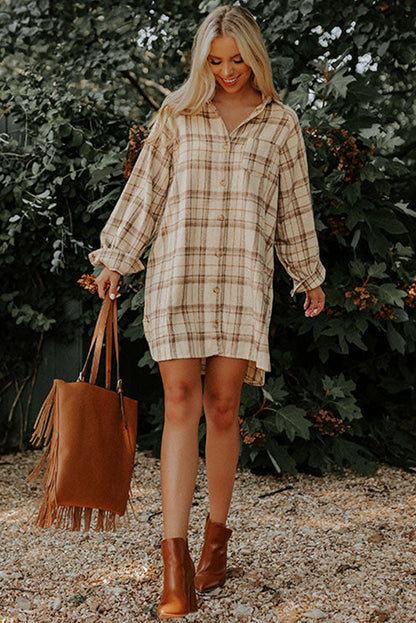 Khaki Plaid Pattern Collared Neck Ruffled Sleeve Shirt Dress