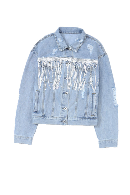 Sky Blue Sequin Embellished Fringe Distressed Denim Jacket