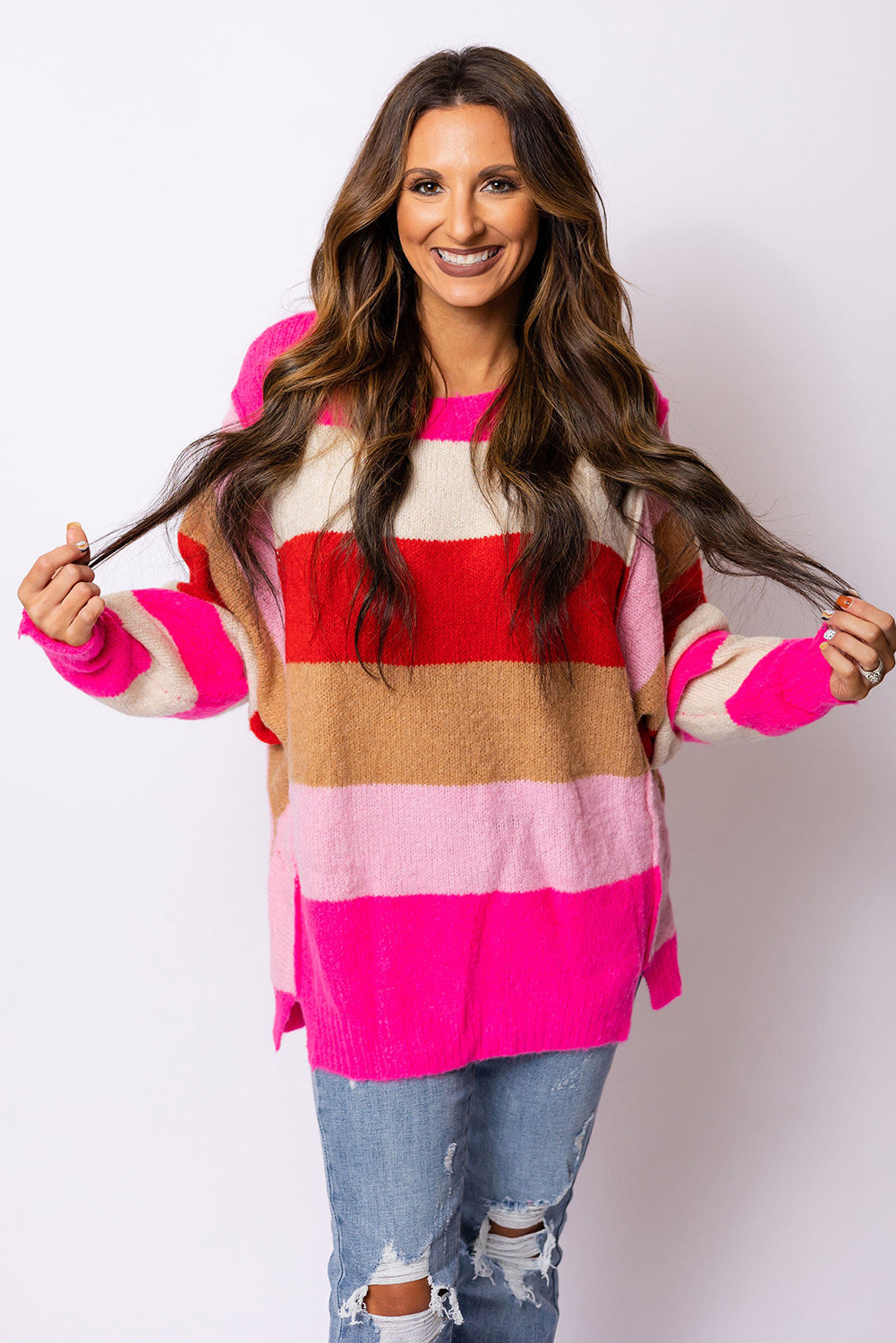 Red Mix Horizon Stripes Dolman Sleeve Sweater