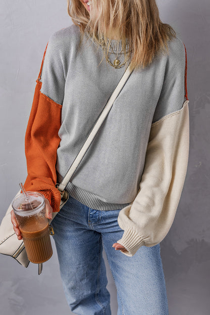 Chicory Coffee Contrast Color Exposed Seam Drop Shoulder Sweater