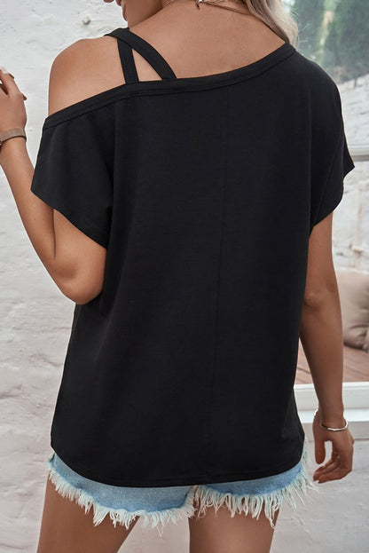 Black One Shoulder Long Sleeve Shift Blouse