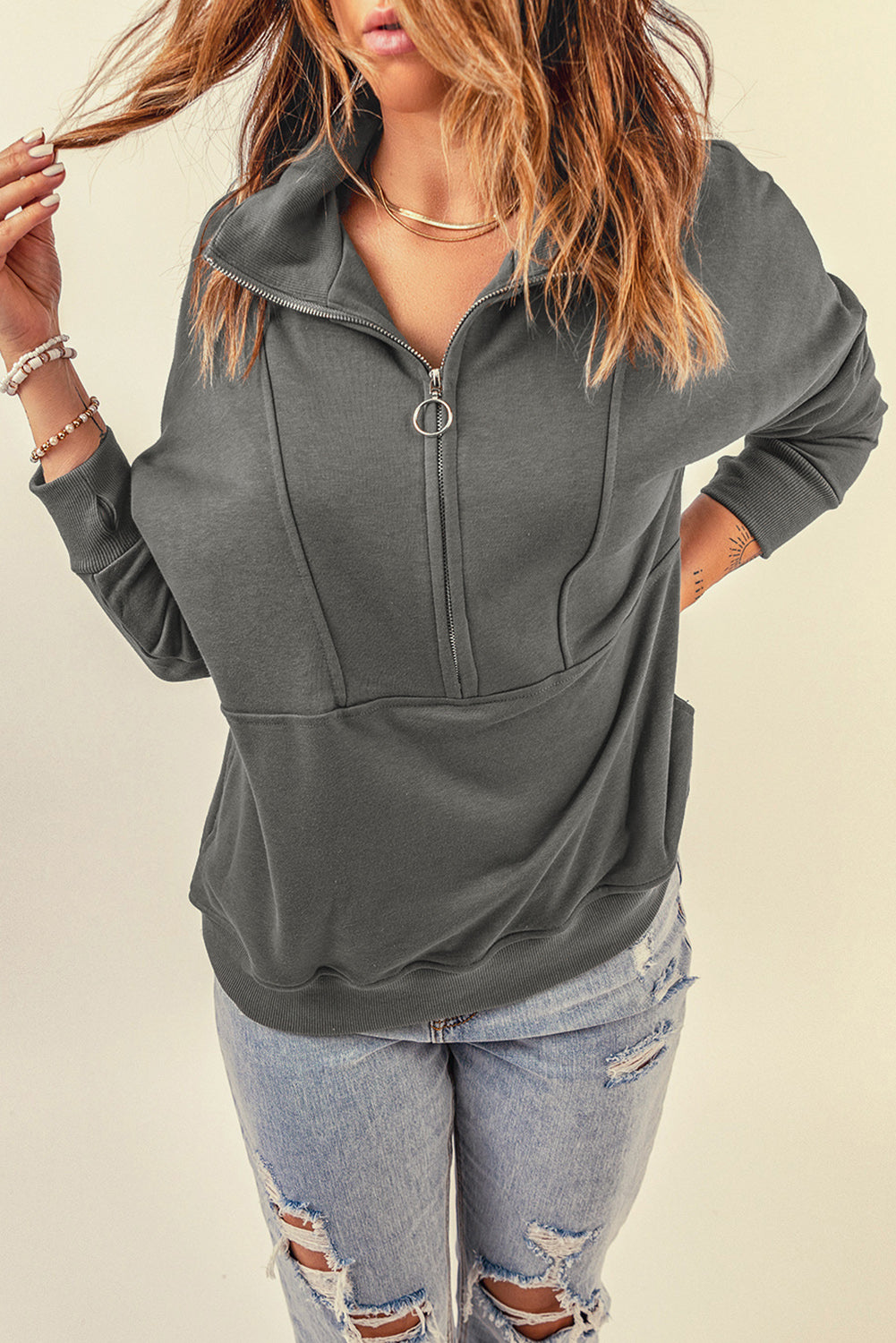 Gray Solid Color Zip Collar Sweatshirt with Pockets