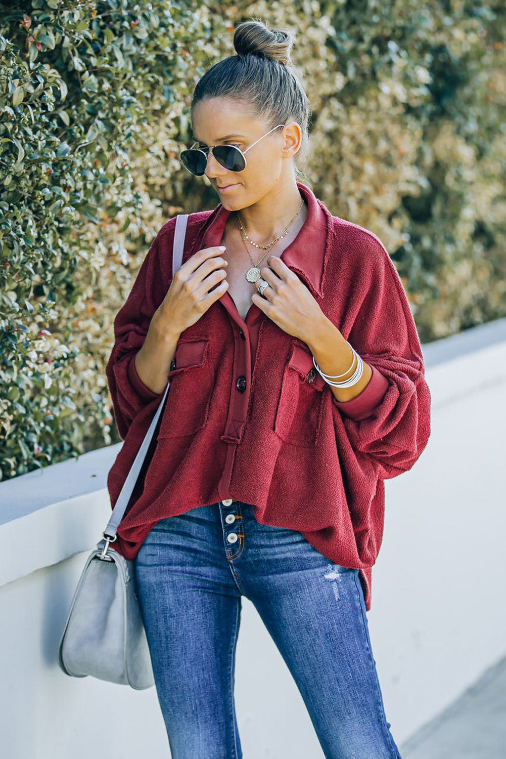 Red Polo Collar Buttoned Patchy Top with Pockets