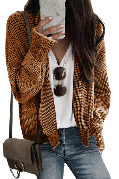 Rose Plaid Knitted Long Open Front Cardigan