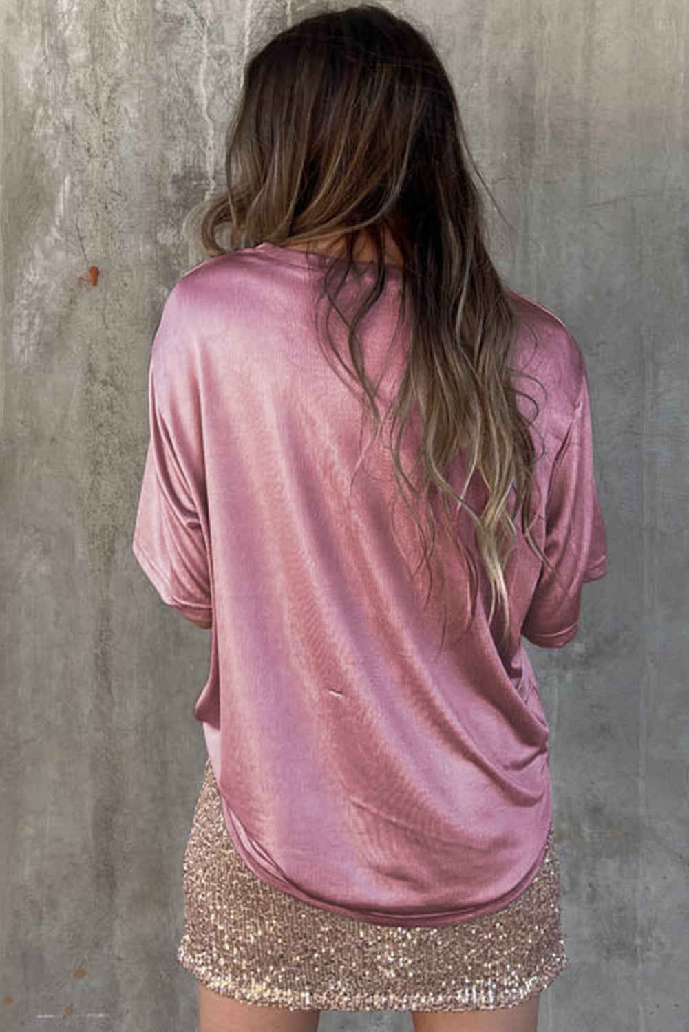 Apricot Glitter Chest Pocket Round Neck Long Sleeve Top