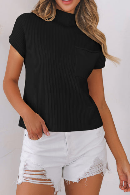 Gold Flame Patch Pocket Ribbed Knit Short Sleeve Sweater