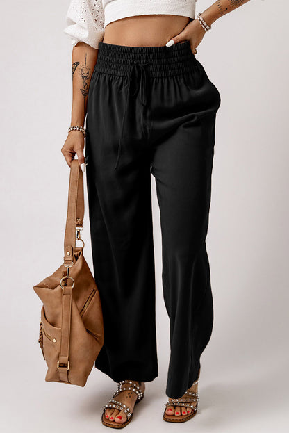 Blue Drawstring Elastic Waist Casual Wide Leg Pants