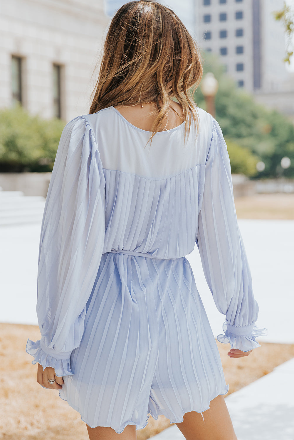 Pink Pleated Ruffled Tie Waist Buttons V Neck Romper