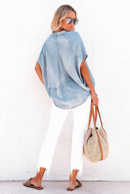 Sky Blue Split V-Neck Balloon Sleeve Ruched Denim Top