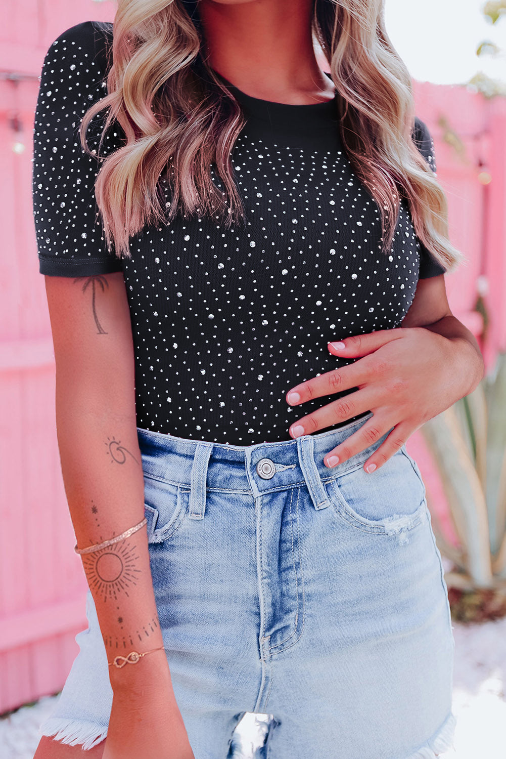 Black Rhinestone Spaghetti Strap Bustier Crop Top