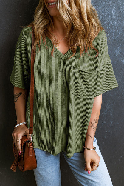 Jungle Green Corded V Neck Chest Pocket Loose T-shirt