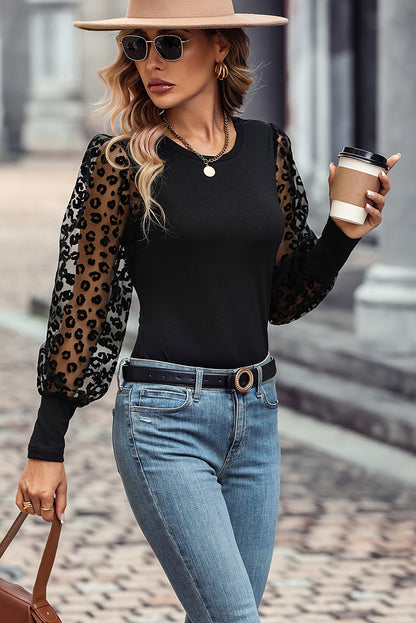 Red Dahlia Leopard Mesh Puff Sleeve Patchwork Slim Fit Top