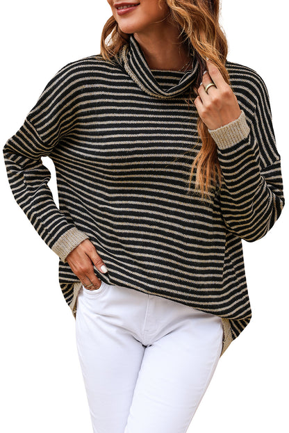 Brown Striped Turtleneck Loose Sweater