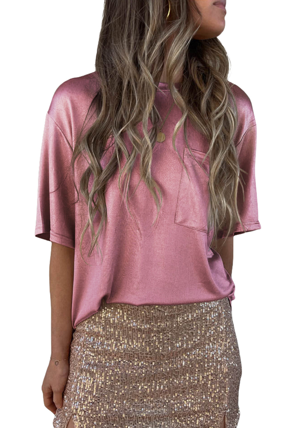 Apricot Glitter Chest Pocket Round Neck Long Sleeve Top