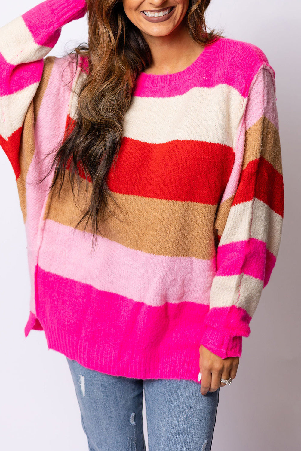 Red Mix Horizon Stripes Dolman Sleeve Sweater