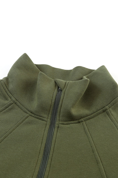 Black Zip Up Stand Collar Ribbed Thumbhole Sleeve Sweatshirt