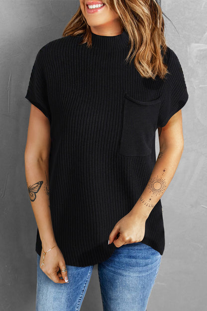 Gold Flame Patch Pocket Ribbed Knit Short Sleeve Sweater