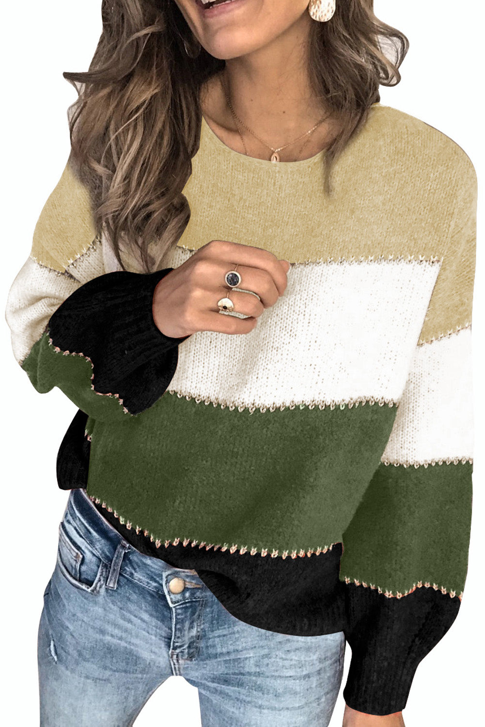 Green Pullover Colorblock Sweater