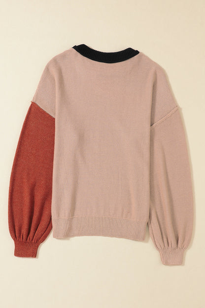 Chicory Coffee Contrast Color Exposed Seam Drop Shoulder Sweater