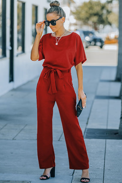 Red Belted Wide Leg Jumpsuit