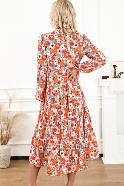 Multicolor Boho Floral Collared Long Sleeve Ruffled Dress