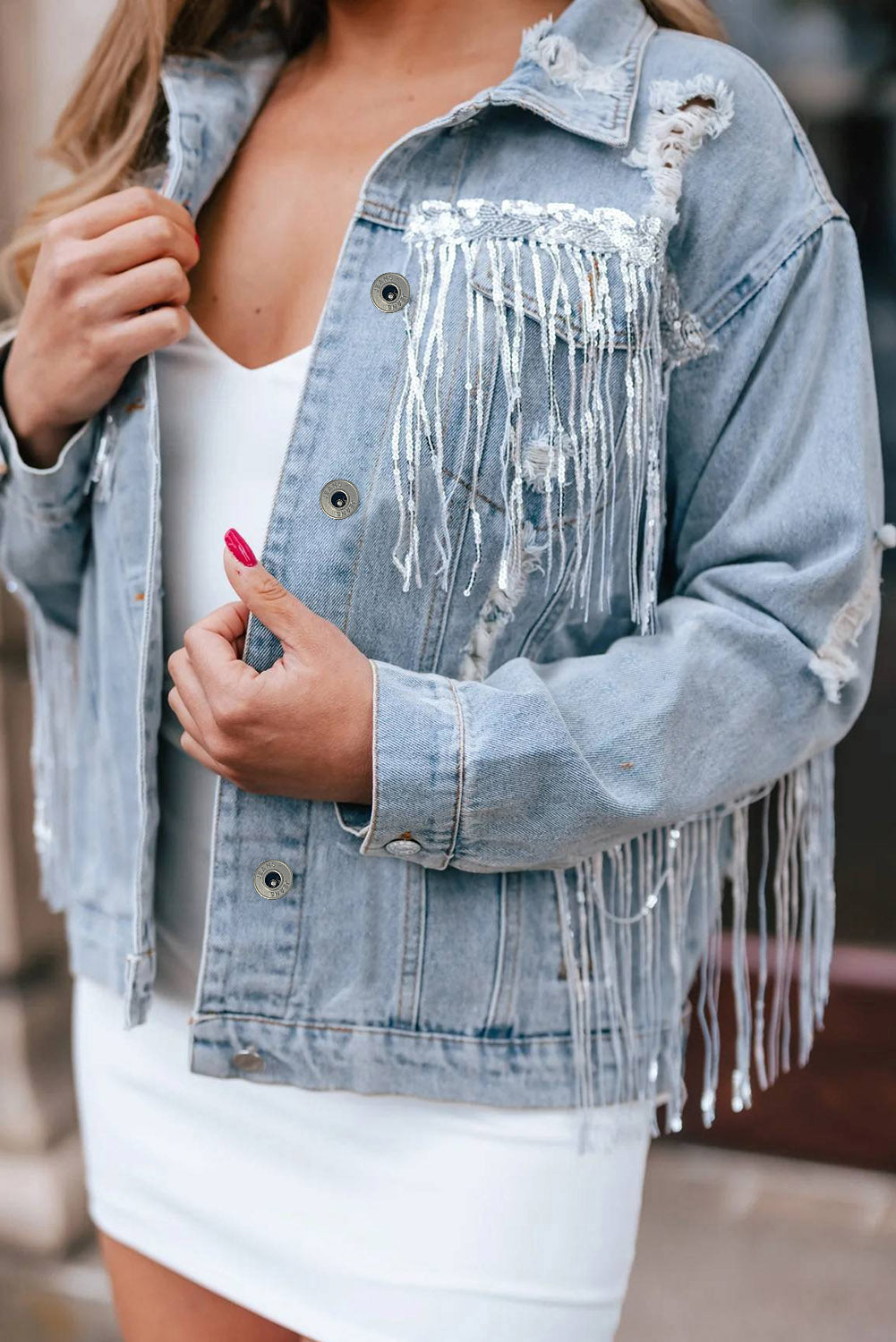 Sky Blue Sequin Embellished Fringe Distressed Denim Jacket